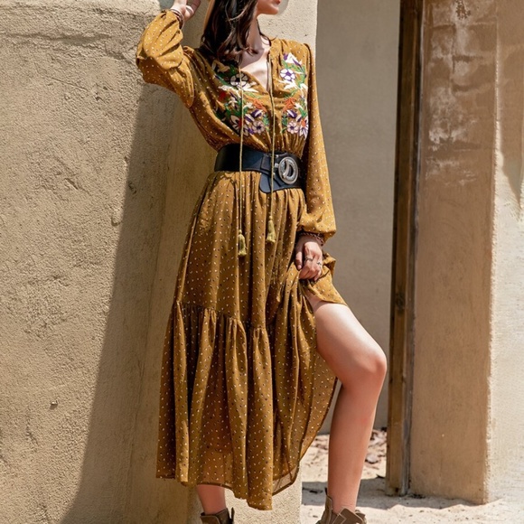 Boho Embroidered Floral Polka Dot Ruffle Dress - Picture 2 of 15